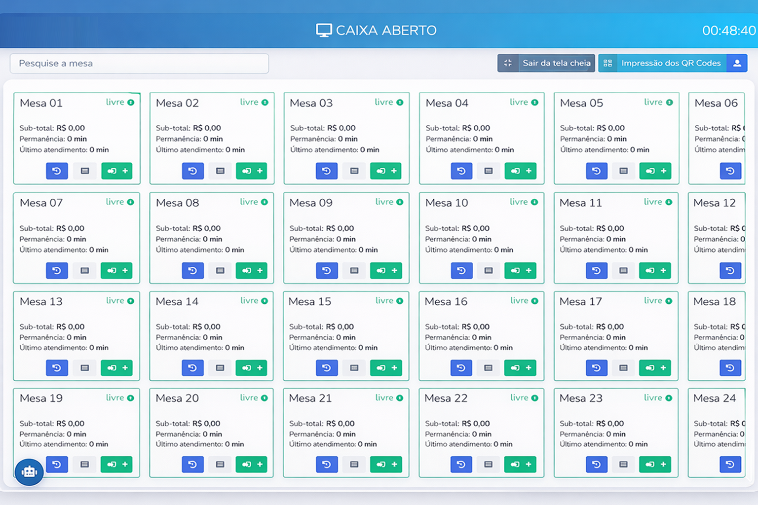 Tela de mesas do sistema Smart Pay 