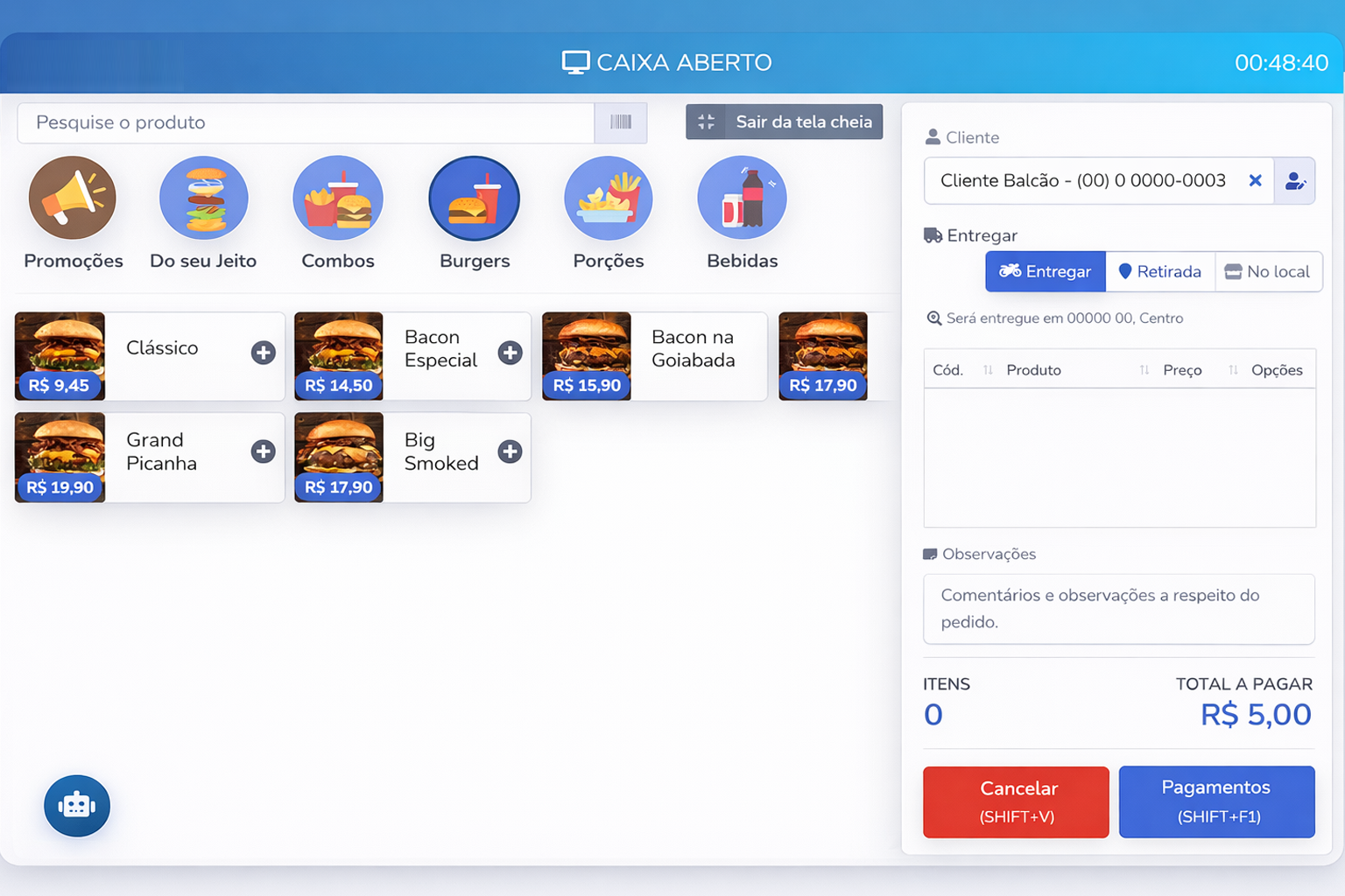 Tela de pedidos do sistema Smart Pay 